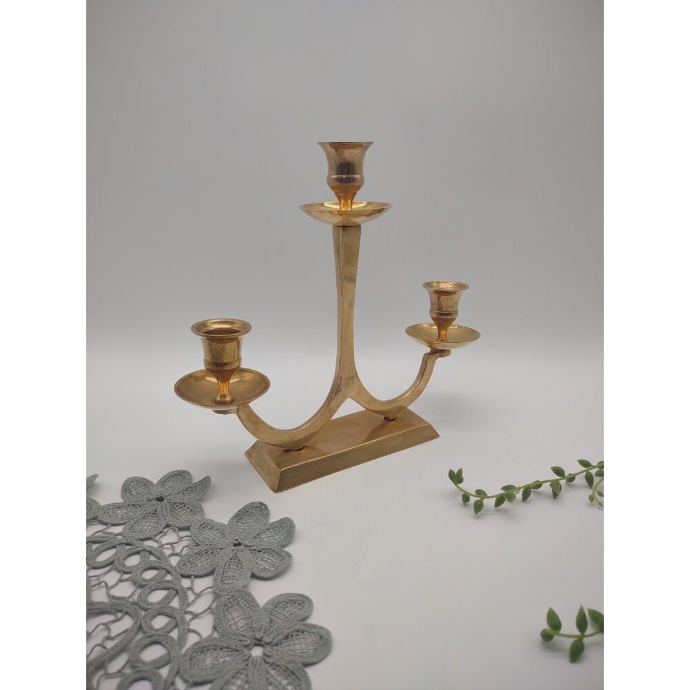 Vintage Brass MCM Mid Century Two Arm Three Candle Holder Centerpiece Candelabra